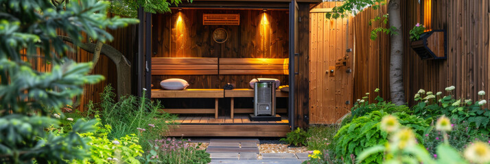 A wooden sauna is nestled among trees and flowers in a lush garden. Generative AI