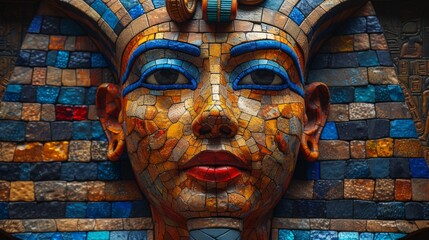 A digital mosaic portrays an Egyptian pharaoh with intricate detail and a spectrum of captivating colors.