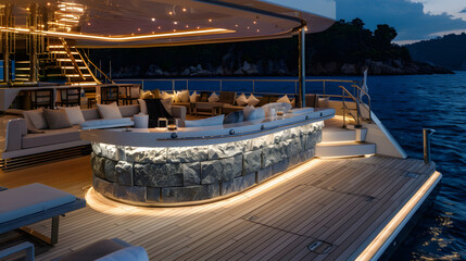 Fototapeta na wymiar a large outdoor lounge and backlit stone bar with teak decking and white furniture on a superyacht . nighttime. mood lighting. photorealism