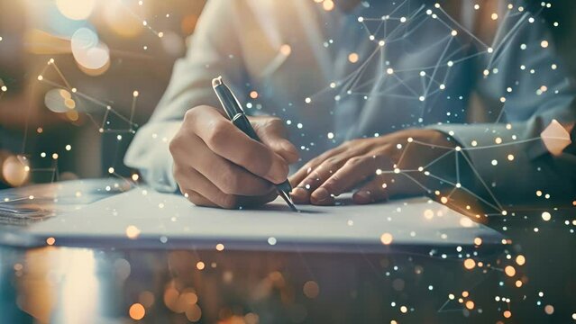 Person writing on piece of paper using pen. The pen moves across the paper, creating words and sentences