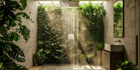 Foto op Aluminium Bathroom in building adorned with terrestrial plants like shrubs and trees. Generative AI © Eugen
