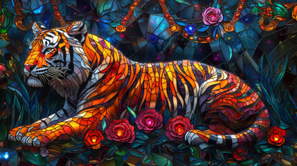 A meticulously crafted stained glass tiger exudes a fierce elegance with a kaleidoscope of vibrant colors.