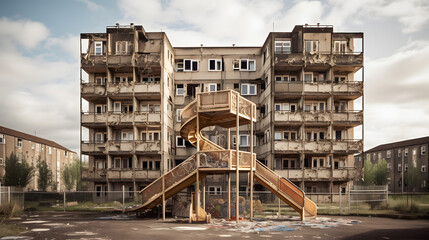 Fototapeta premium the damaged building of burned housing estate with shattered windows and an old playground