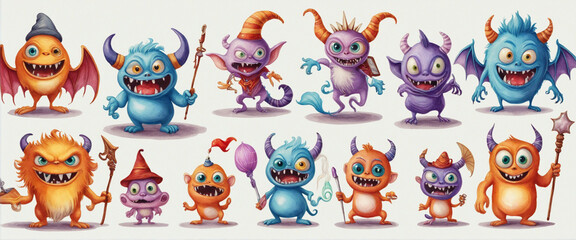 set of a Cute monster in watercolor for Halloween isolate on transparent background  colorful background