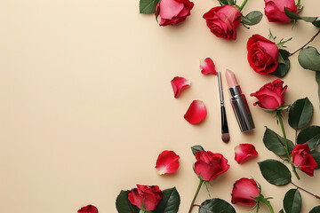 Flat lay composition with makeup products and beautiful roses on beige background, space for text