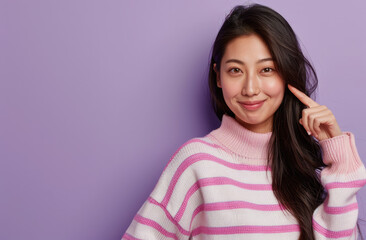 Obraz na płótnie Canvas A beautiful Asian woman with long hair, wearing pink and white striped sweater top is smiling while pointing to the right side on purple background