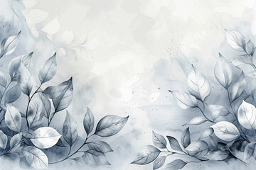 Floral nature background of white plant leaves and flower leaves on border, light gray and white watercolor painted leaf outlines in abstract illustration with soft texture, elegant pale banner  - obrazy, fototapety, plakaty