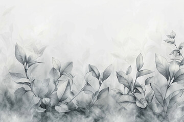 Floral nature background of white plant leaves and flower leaves on border, light gray and white watercolor painted leaf outlines in abstract illustration with soft texture, elegant pale banner  - obrazy, fototapety, plakaty