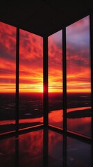 Breathtaking red sunset sky viewed from a modern high-rise building
