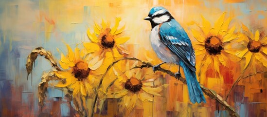 A songbird with blue feathers is perched gracefully on a branch amidst a field of vibrant sunflowers, its beak poised as if creating a beautiful painting of nature