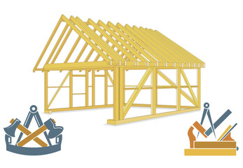 Holzhaus bauen mit Zimmermann und Schreiner illustration - 766212588