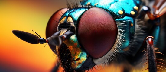 A close up of an arthropods face with large electric blue eyes, showcasing the intricate details of an insect. A stunning example of macro photography and natural art