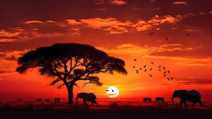 Raamstickers Ethereal Sundown: Majestic Elephants, Zebras and Birds Amidst the African Savannah Landscape © Franklin