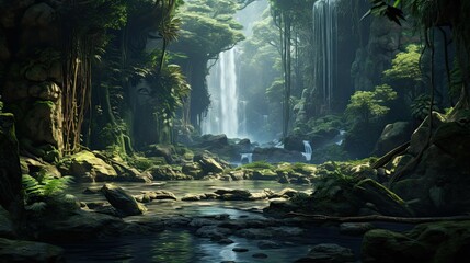 Waterfall in the park. AI generated art illustration.