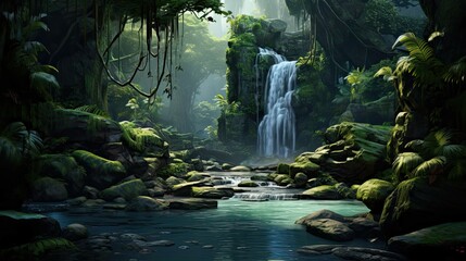 Waterfall in the park. AI generated art illustration.