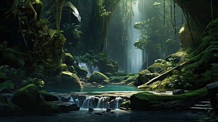 Obraz premium Waterfall in the park. AI generated art illustration.