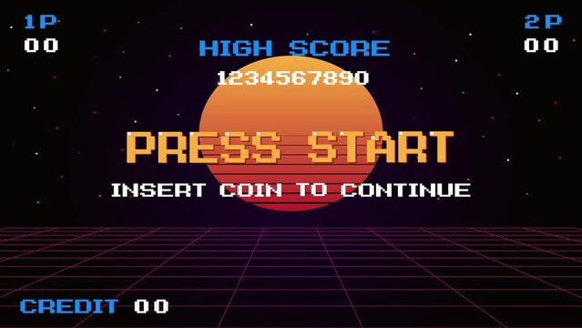 PRESS START insert coin to continue. pixel art .8 bit game. retro game. for game assets. classic retro 80s style sunset background.	