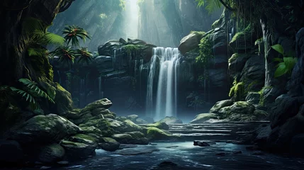 Fototapete Rund Waterfall in the park. AI generated art illustration. © Fire