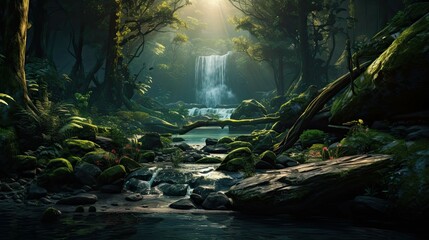 Waterfall in the park. AI generated art illustration.