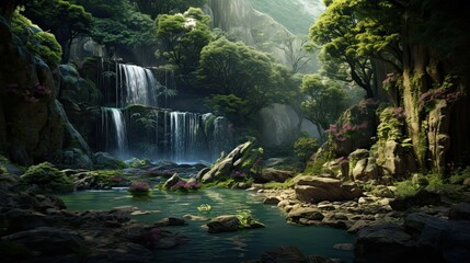 Waterfall in the park. AI generated art illustration.