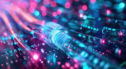Gros plan d'un câble internet se connectant au réseau. L'arrière-plan est un flou de motifs lumineux dans les tons bleus et roses, créant une atmosphère futuriste symbolise l'impact de la technologie 