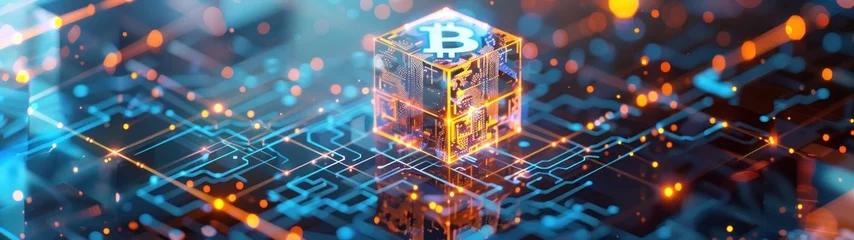 Fotobehang Le symbole du bitcoin sur un bloc numérique holographique coloré, flottant au-dessus d'un réseau complexe de circuits imprimés. © David Giraud