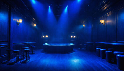 The dimly lit room with blue curtains and a bar area. The bar has a blue counter and is surrounded by several bar stools... generative AI