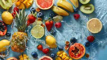An assortment of tropical fruits melting into a pool of vibrant colors on a serene baby blue...