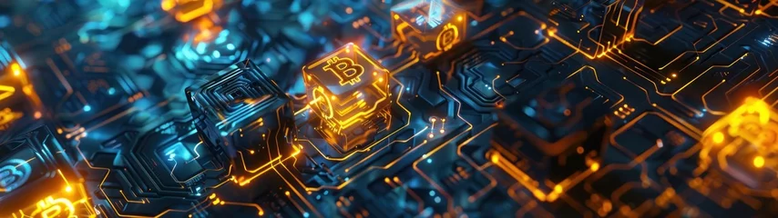 Fotobehang Le symbole du bitcoin sur un bloc numérique holographique coloré, flottant au-dessus d'un réseau complexe de circuits imprimés. © David Giraud