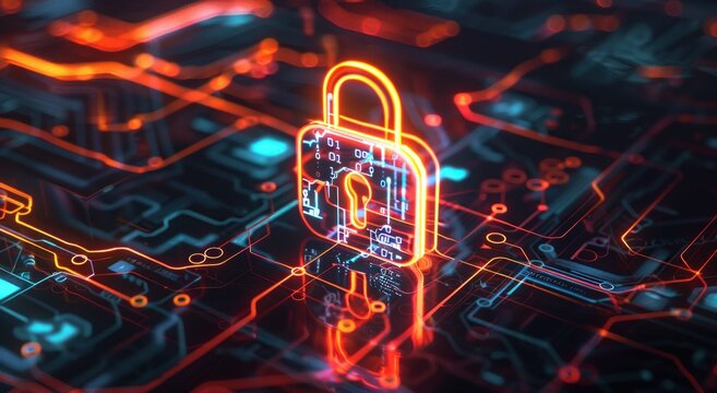 Cadenas lumineux symbolisant la cybers&eacute;curit&eacute; informatique fond&eacute;e sur l'intelligence artificielle. Illustration num&eacute;rique dans le style n&eacute;on avec des couleurs vives.