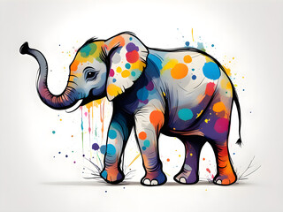 Fototapeta premium Colorful cute elephants and colorful splashing picture book illustrations