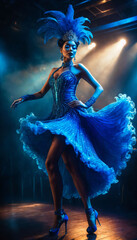 Fototapeta premium The woman dressed in a blue costume, with a long skirt and a feather headpiece. She is standing on a stage, surrounded by a blue smokey backdrop, generative AI
