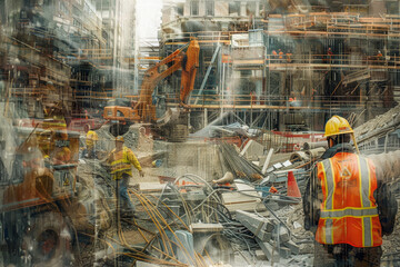 A construction worker in the midst of a busy construction site.
