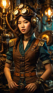 The image features a woman wearing a steampunk-style outfit, complete with goggles and a belt. She is sitting on a workbench,,. generative AI
