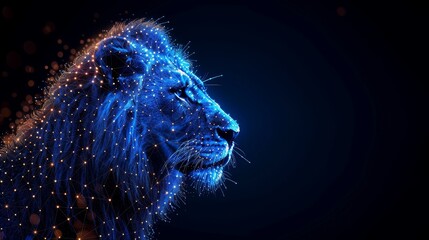 Lion's head low poly wire frame illustration. Lines and dots. RGB color mode. Wild animals concept. Polygonal artwork.