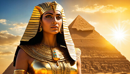 The pharaoh woman woman dressed in gold, standing in front of a large pyramid. She is wearing a headpiece and a crown, ., generative AI