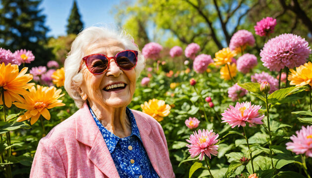 The senior woman wearing sunglasses and a floral print dress while standing in a garden filled with flowers.,generative AI