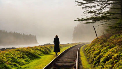 The woman standing on a train track, with a foggy atmosphere surrounding her. She is wearing coat and a knitted cap, generative AI - Powered by Adobe