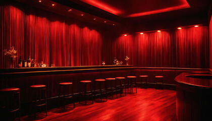 The image features a dimly lit room with red walls and a red curtain. he room appears to be a bar or a stage the red-toned interior. generative AI