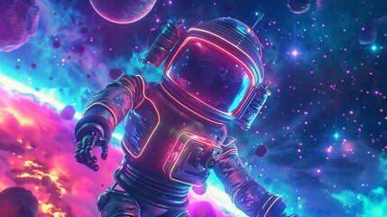 Neon adventure in space with a robot and time machine, exploring unknown galaxies in a thrilling journey