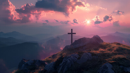 holy saturday cross on top of mountain with evening sky background