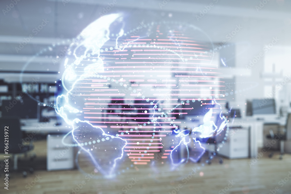 Poster double exposure of abstract digital world map hologram with connections on a modern furnished office
