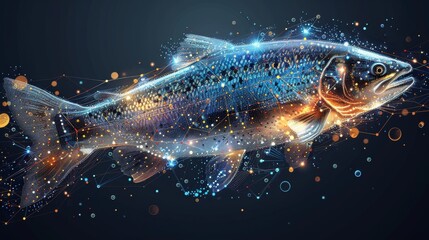 Wireframe illustration of a salmon in the form of a starry sky, composed of lines, points, and shapes.
