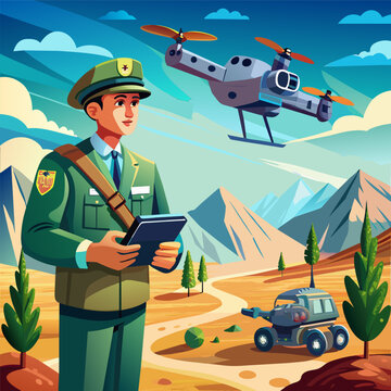 Vector illustration of a military officer flying a drone