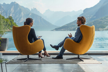 Couple in Business meeting by serene mountain lake. Generative AI
