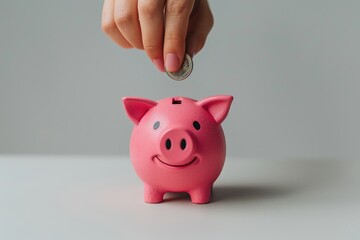 Hand depositing coin in piggy bank for savings. Generative AI