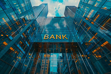 City bank building against blue sky. Generative AI