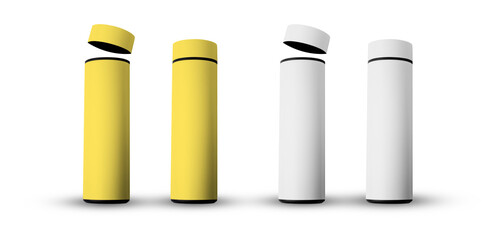 Thermos flask in yellow and white color with cap floating mid air 