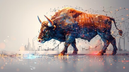 Digital illustration of a stock exchange with a low-poly wireframe. A bull and a bear standing next to an arrow, symbolizing finance and business. - obrazy, fototapety, plakaty