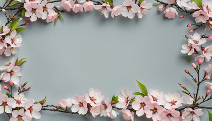 Fototapeta na wymiar exquisite cherry blossom branches as a frame border, isolated with negative space for layouts colorful background